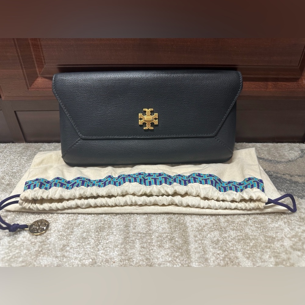 Tory Burch Kira Black Pebbled Leather Envelope Clutch Handbag